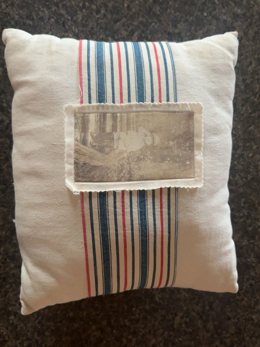 Cream Throw Pillow with Blue & Red Stripe and Vintage Photo Accent